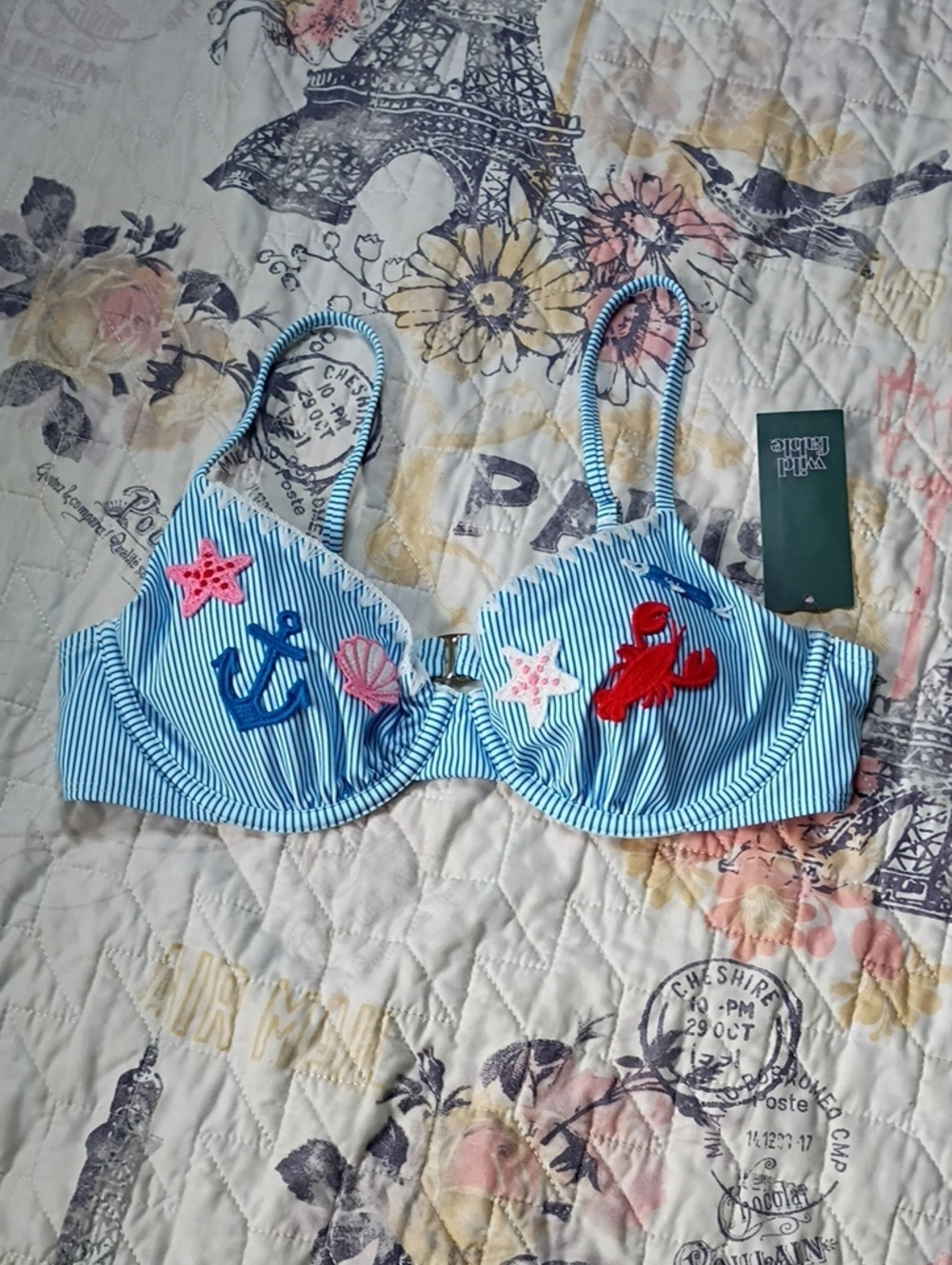 Wild Fable Blue Striped Swim Top with Nautical Appliqués